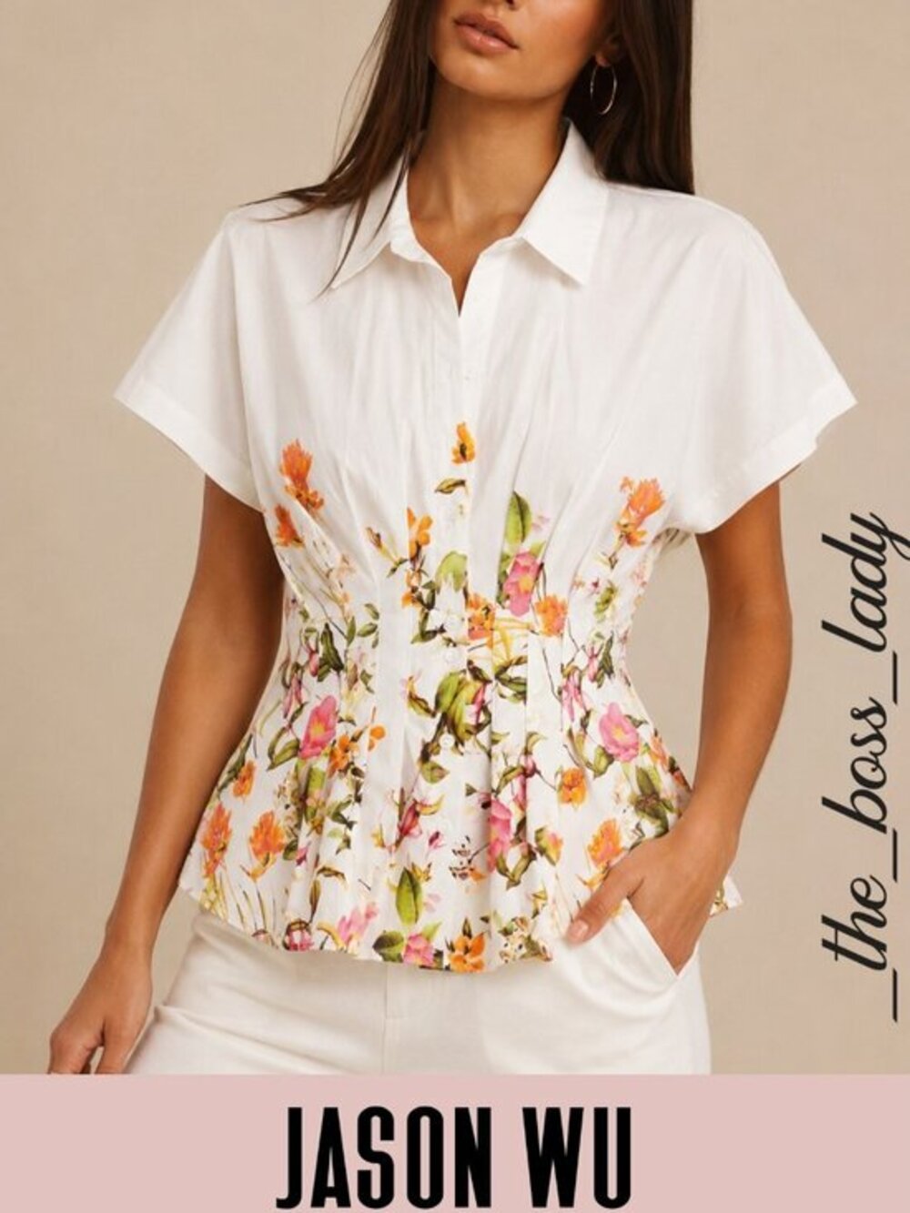 Jason Wu floral top button-front collared peplum shirt Small
